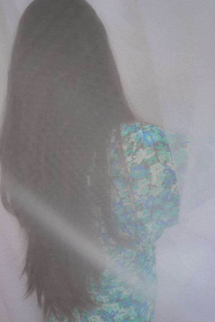 Ethereal portrait of a woman with long hair, veiled in soft light.